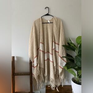 NWT Cream Tan Pink White Striped Fringe Hem Popcorn Scandinavian Shawl Poncho